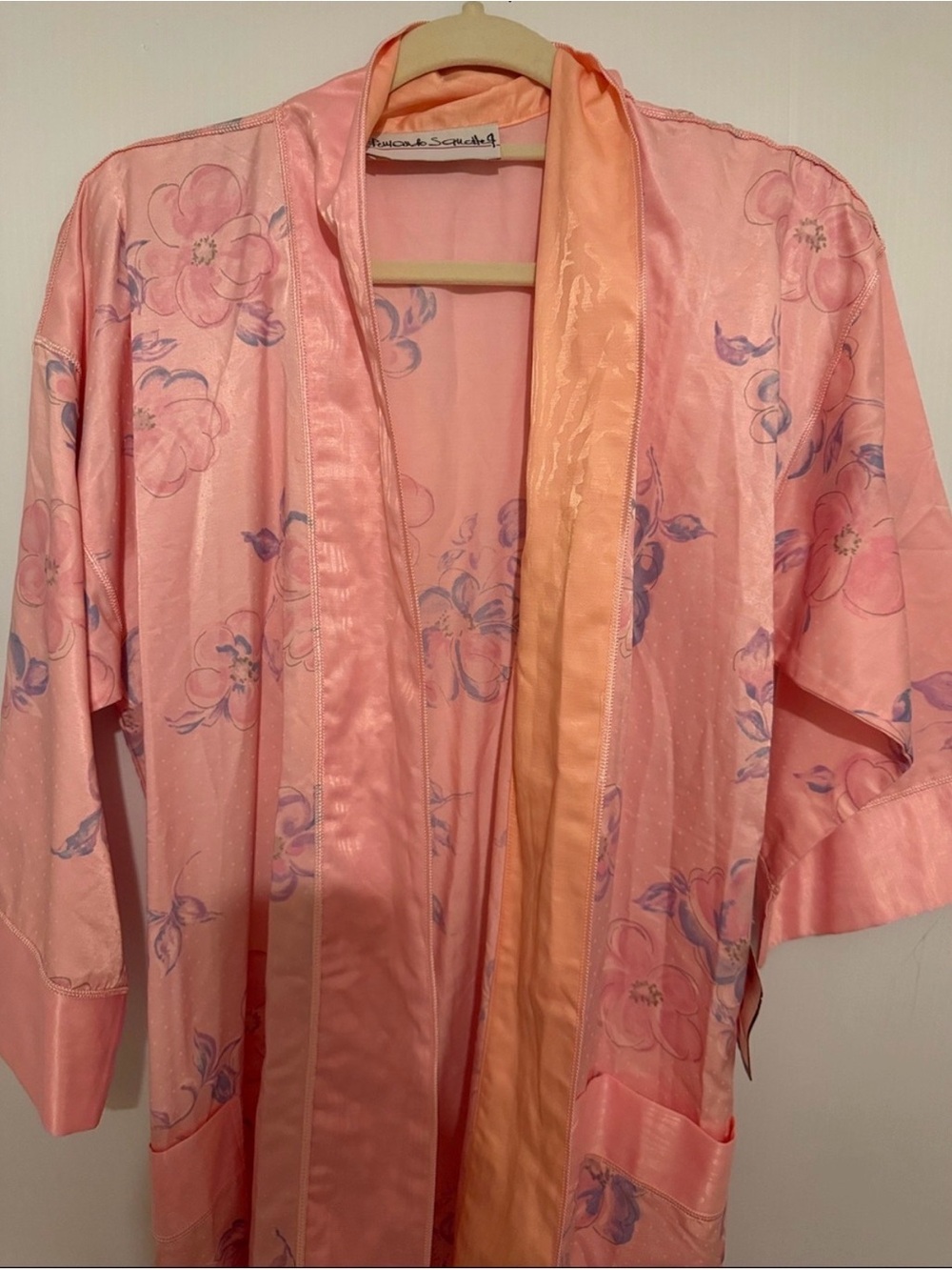 New! FERNANDO SANCHEZ Pink Floral Satin-Trim Robe